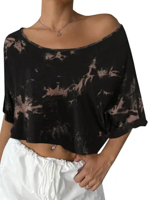 Remidoo Womens Off The Shoulder Short Sleeve Crop Top Asymmetrical Neck Loose Tshirt