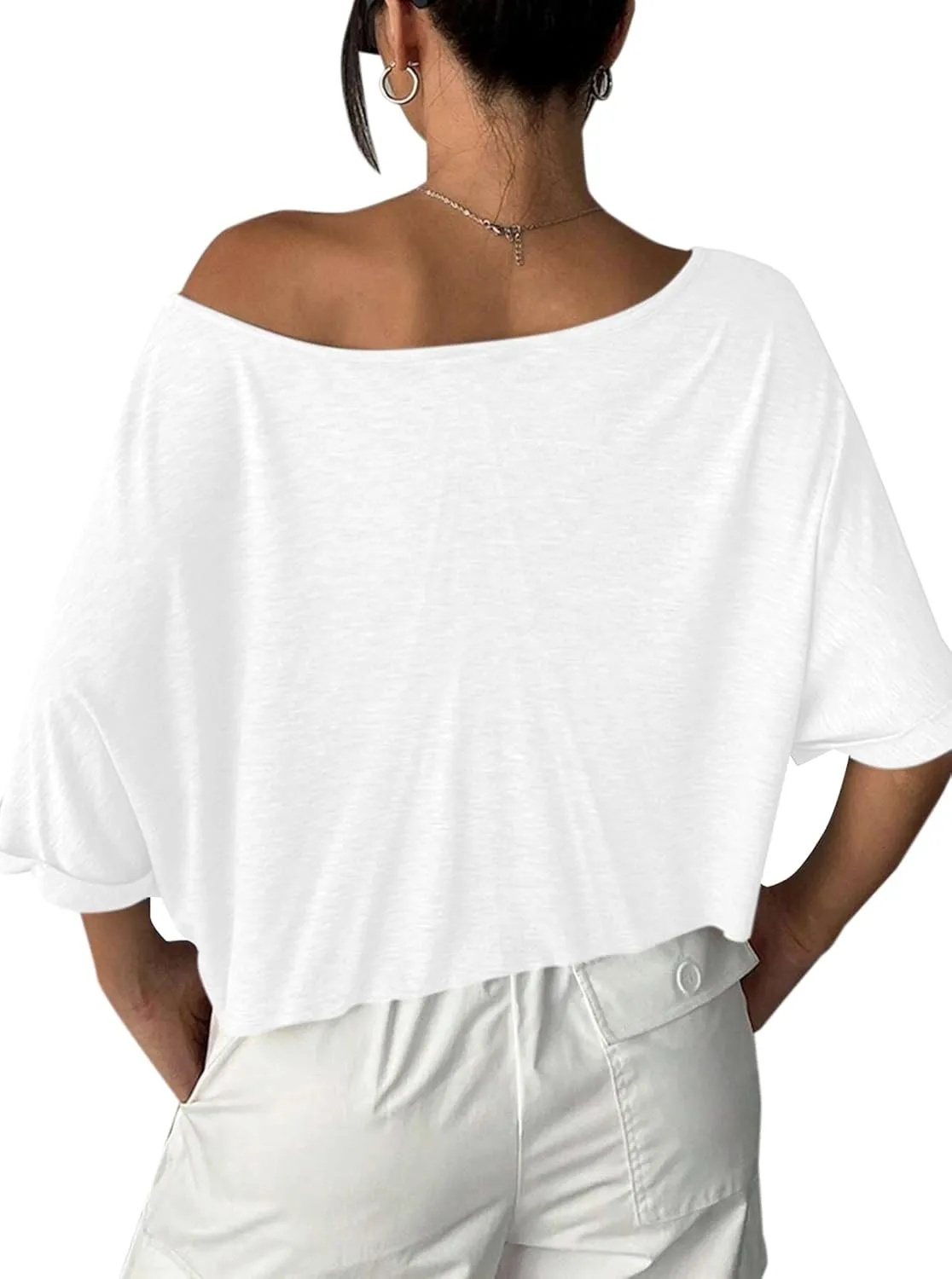 Remidoo Womens Off The Shoulder Short Sleeve Crop Top Asymmetrical Neck Loose Tshirt