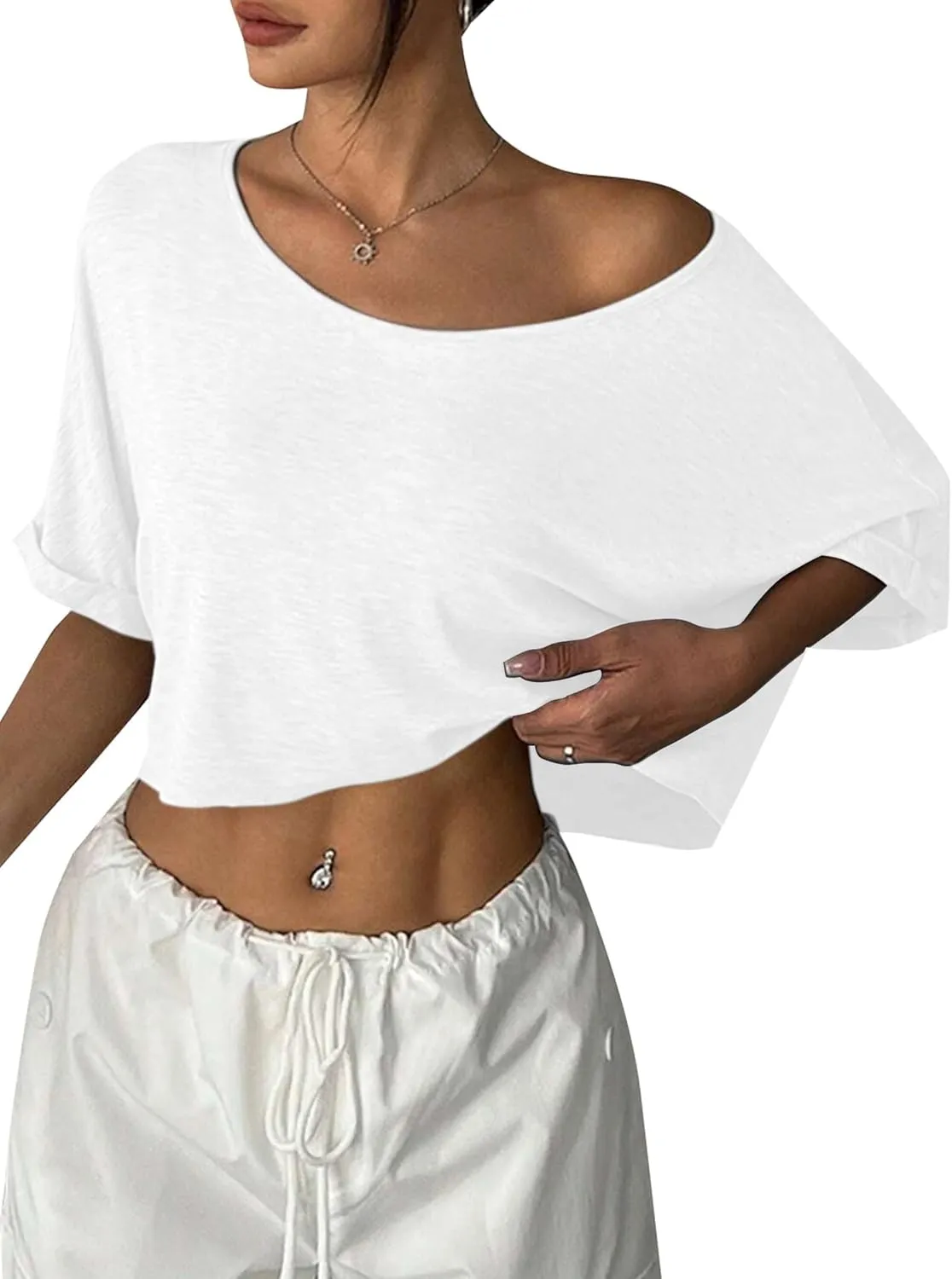 Remidoo Womens Off The Shoulder Short Sleeve Crop Top Asymmetrical Neck Loose Tshirt