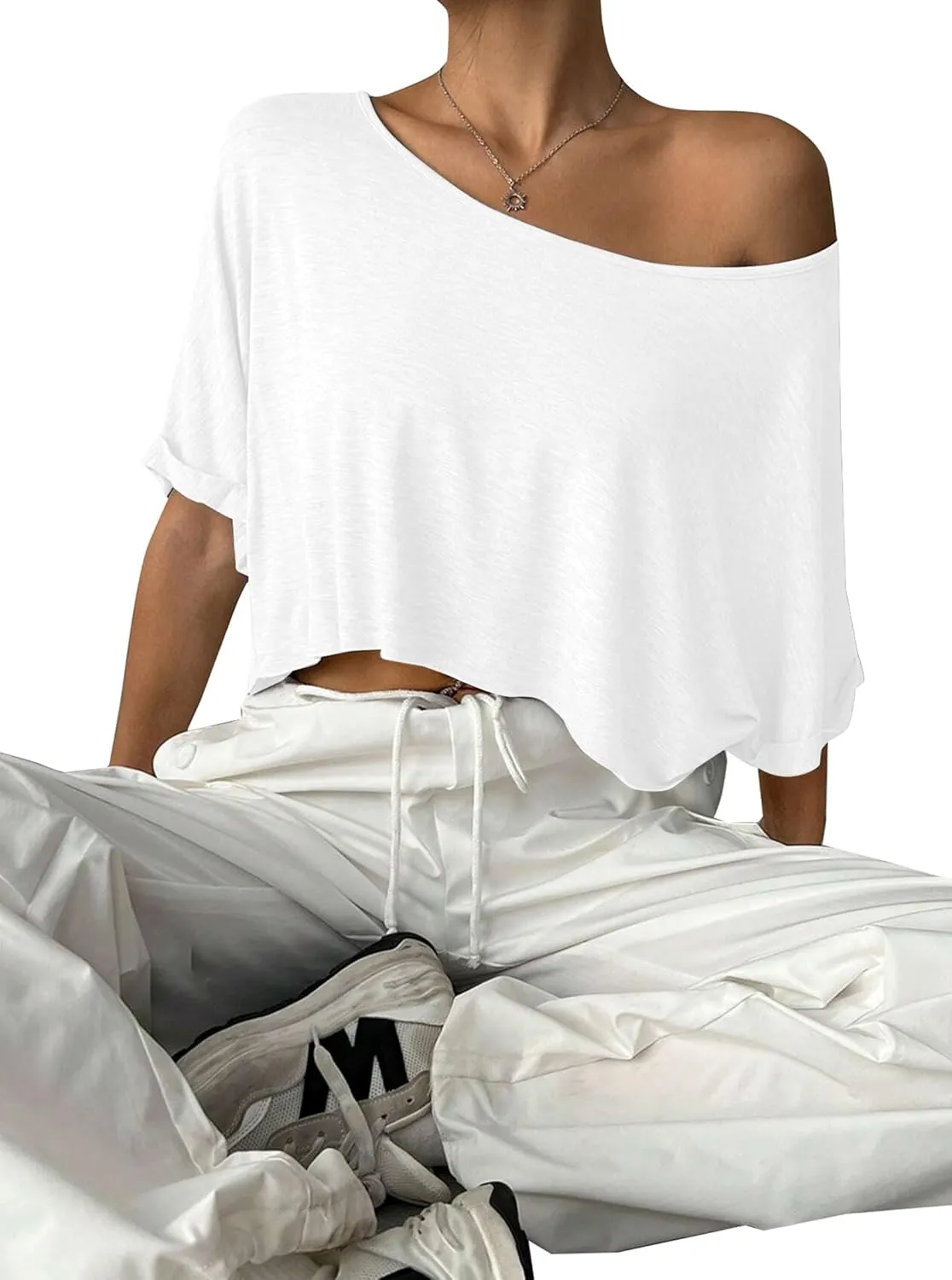 Remidoo Womens Off The Shoulder Short Sleeve Crop Top Asymmetrical Neck Loose Tshirt