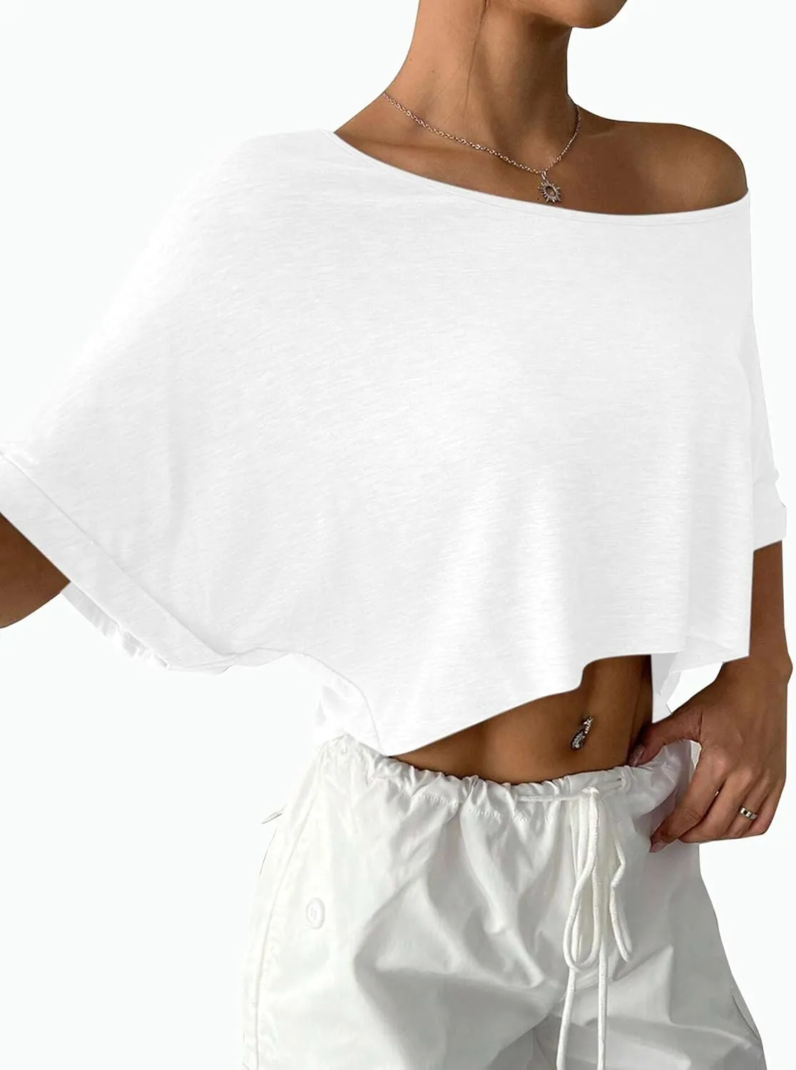 Remidoo Womens Off The Shoulder Short Sleeve Crop Top Asymmetrical Neck Loose Tshirt