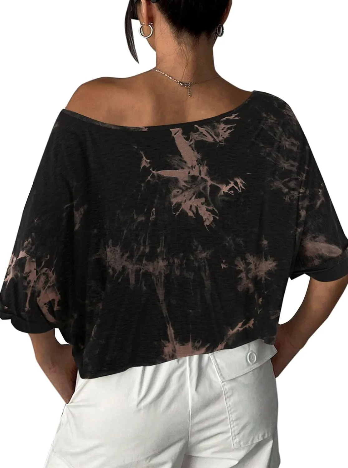 Remidoo Womens Off The Shoulder Short Sleeve Crop Top Asymmetrical Neck Loose Tshirt