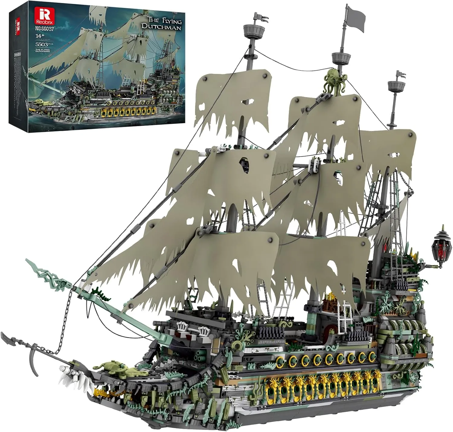 Reobrix Pirate Ship Building Sets, MOC Flying Dutchman Model Toy Boat,Green Ghost Ship Building Blocks Sets 66037,Toy Sets for Adults,Halloween Home Decor Birthday Gifts for Kids 14 (5503 PCS
