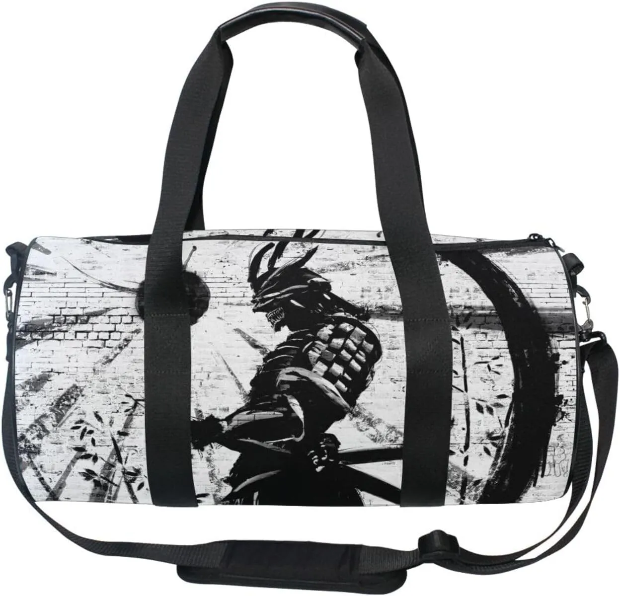 Retro Brick wall of a Japanese Warrior Graffiti Ink Circle Sun Portable Gym Bag, Travel Bag, Luggage bag, Sports Bag, Toiletry Bag with Handles, Detachable Shoulder Strap 17.6 x 9 x 9 inch