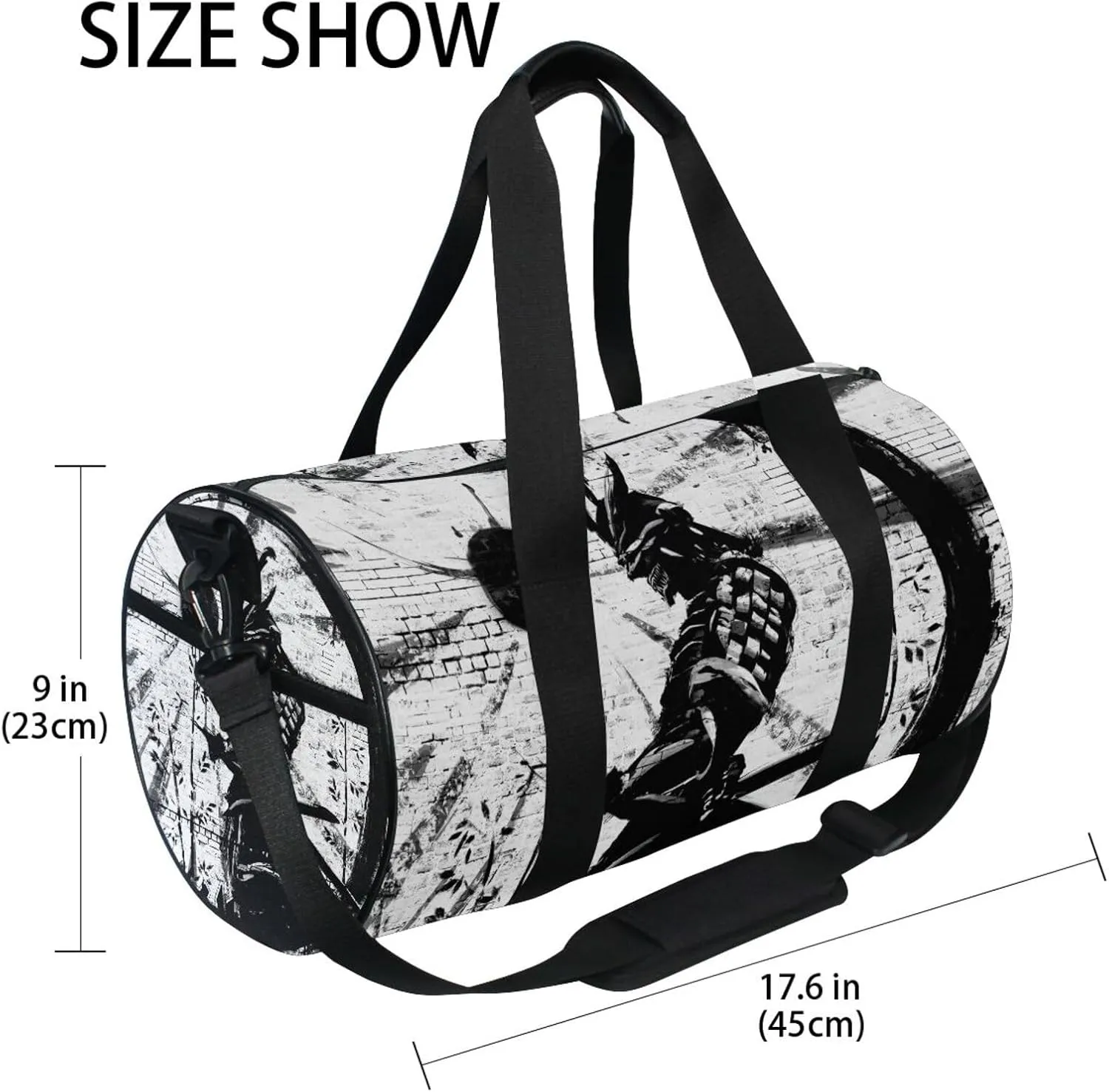 Retro Brick wall of a Japanese Warrior Graffiti Ink Circle Sun Portable Gym Bag, Travel Bag, Luggage bag, Sports Bag, Toiletry Bag with Handles, Detachable Shoulder Strap 17.6 x 9 x 9 inch