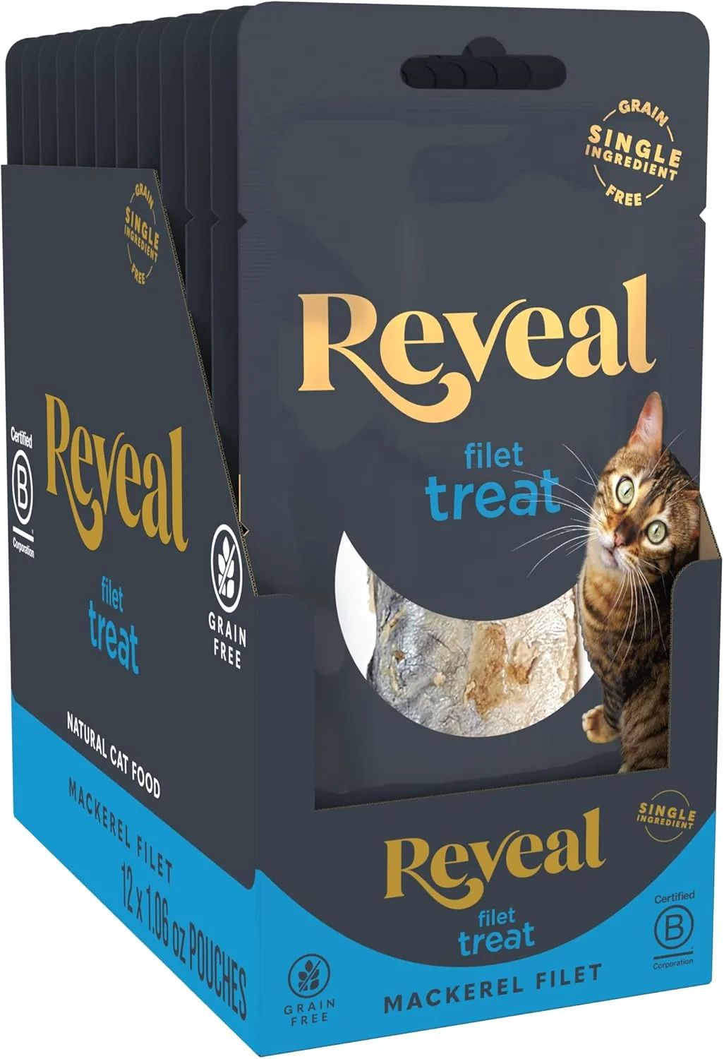 Reveal Natural Cat Treats, 12 Count, Single Ingredient Treat for Cats, Frain Free, Whole Mackerel Loin, 1.06 oz Bags