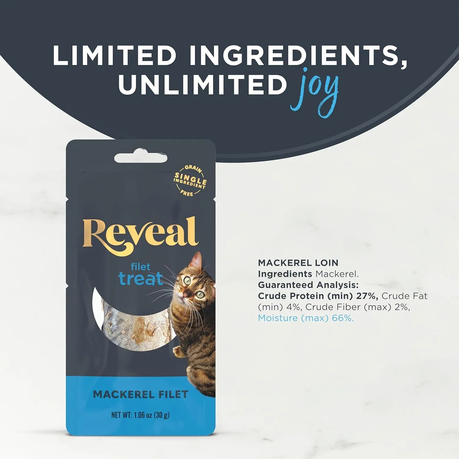 Reveal Natural Cat Treats, 12 Count, Single Ingredient Treat for Cats, Frain Free, Whole Mackerel Loin, 1.06 oz Bags