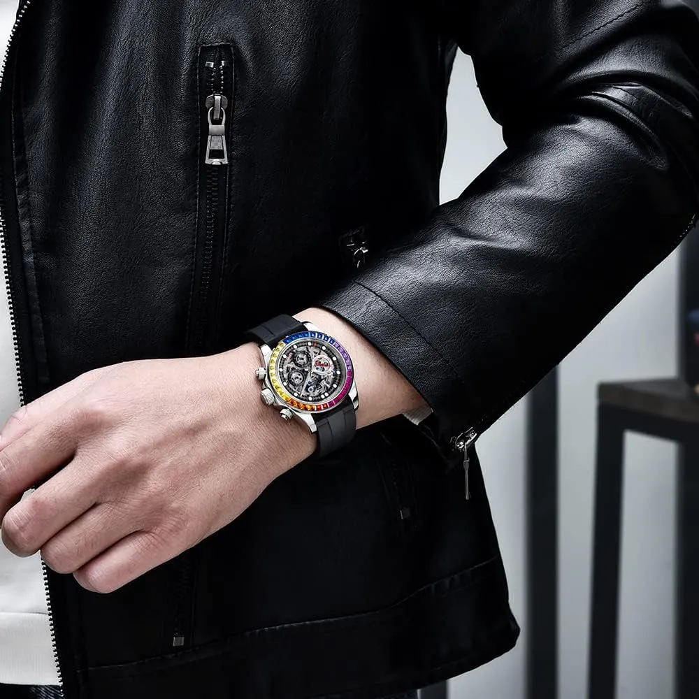 RollsTimi Pagani Design Men's Automatic Watches Diamond Rainbow Automatic Mechanical Waterproof Stainless Steel Chronograph Skeleton Men 40mm