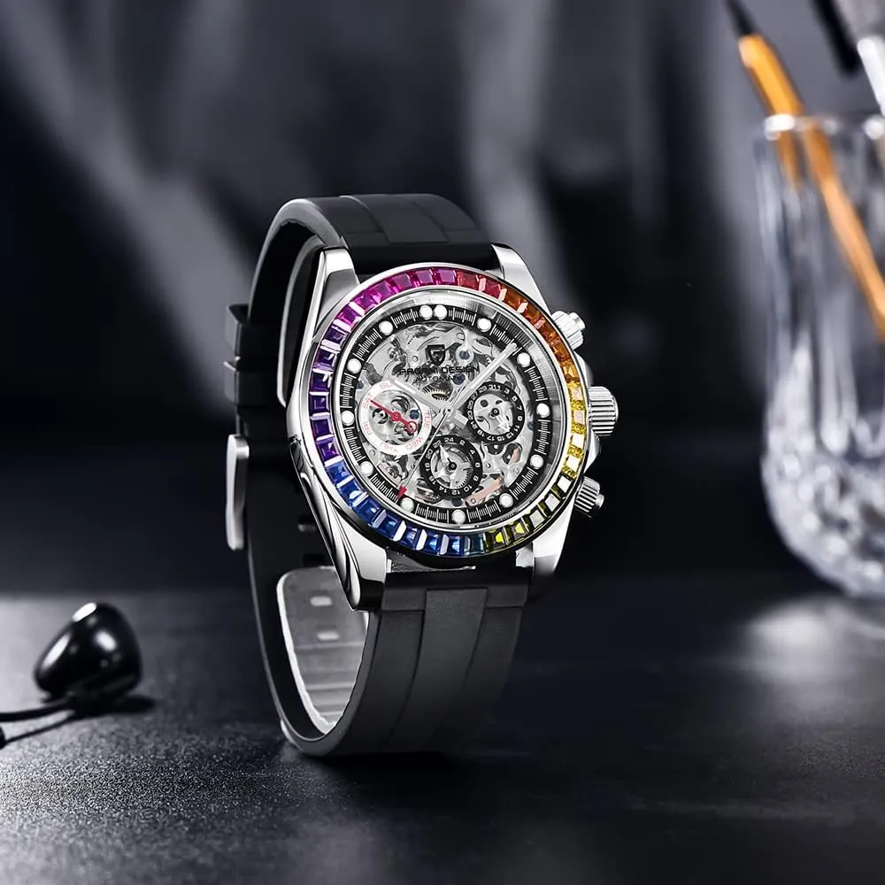 RollsTimi Pagani Design Men's Automatic Watches Diamond Rainbow Automatic Mechanical Waterproof Stainless Steel Chronograph Skeleton Men 40mm