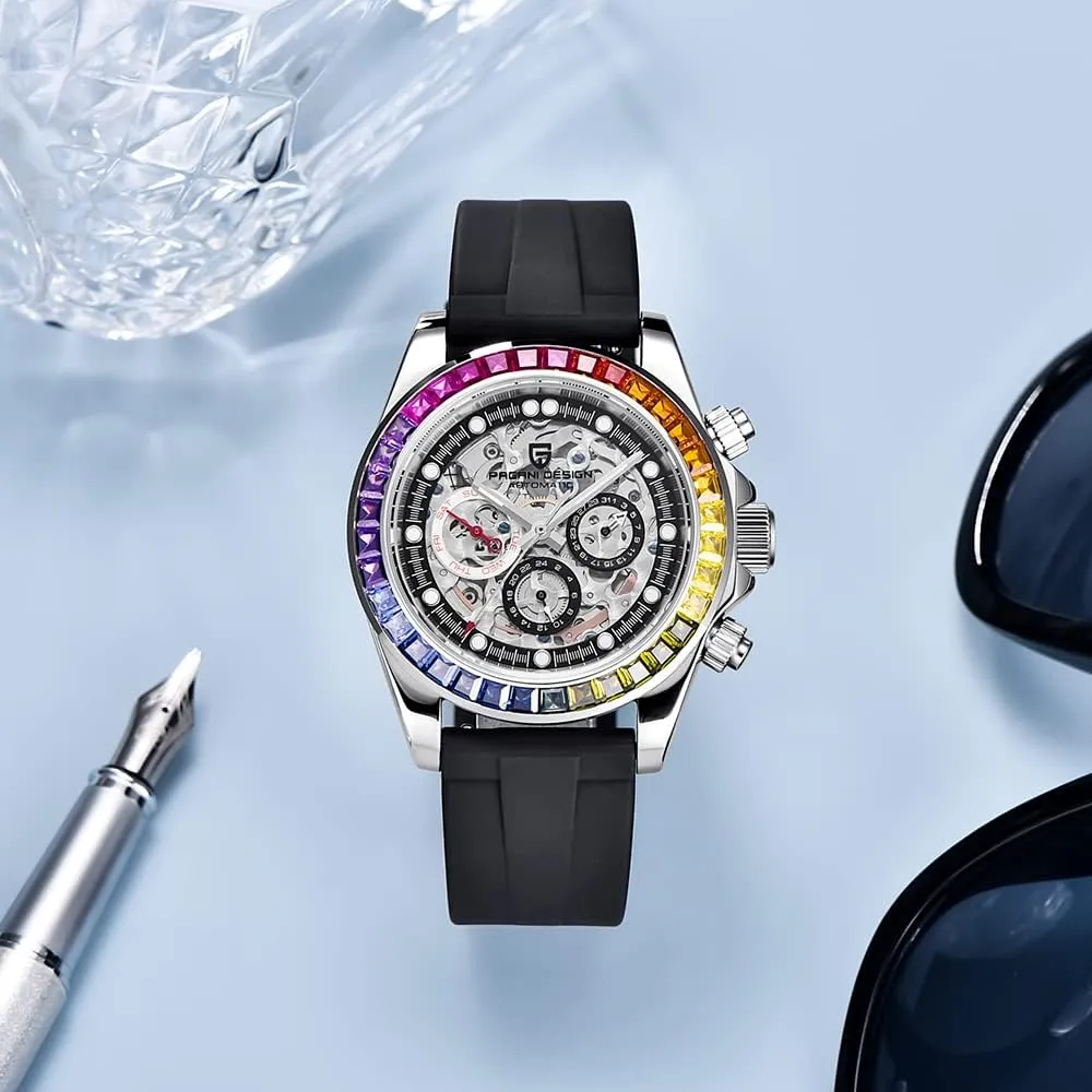 RollsTimi Pagani Design Men's Automatic Watches Diamond Rainbow Automatic Mechanical Waterproof Stainless Steel Chronograph Skeleton Men 40mm