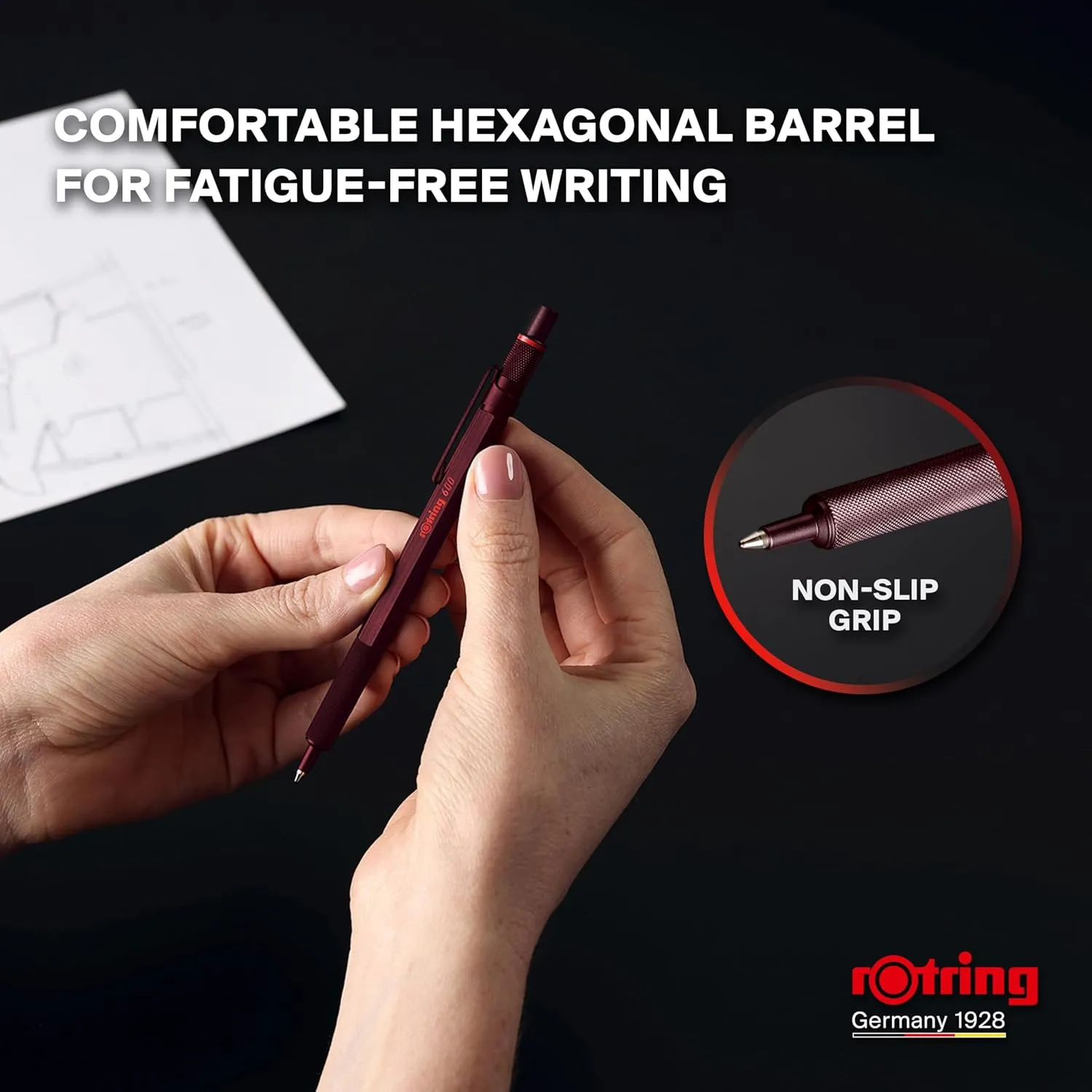 Rotring 600 Ballpoint Pen | Medium Point | Black Ink | All-Metal Body Pen | Dark Stone | Non-Slip Knurled Grip & Hexagonal Barrel | Refillable
