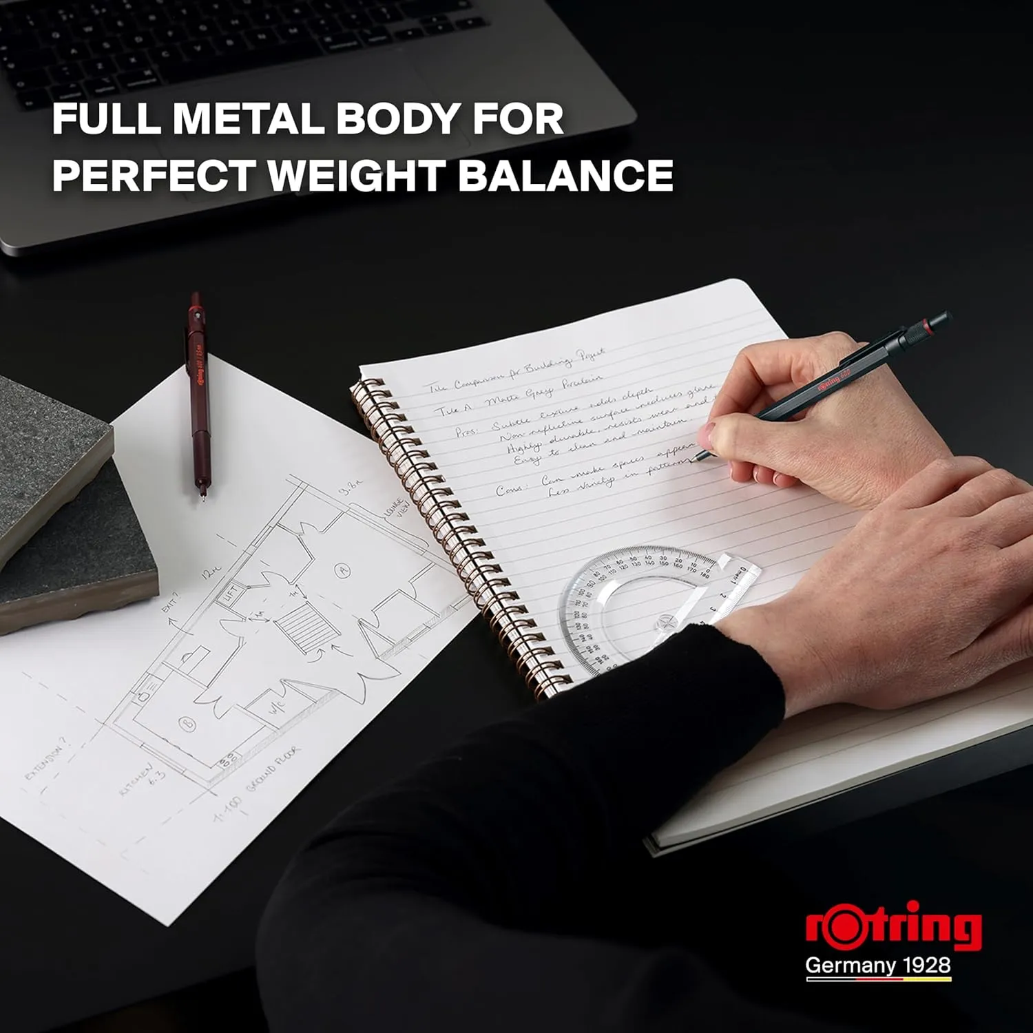 Rotring 600 Ballpoint Pen | Medium Point | Black Ink | All-Metal Body Pen | Dark Stone | Non-Slip Knurled Grip & Hexagonal Barrel | Refillable