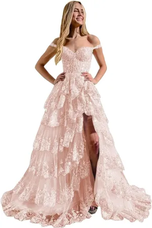 Ruffles Prom Dresses with Slit Long Cold Shoulder Tired Formal Evening Dress for Women Princess Ball Gown TR102
