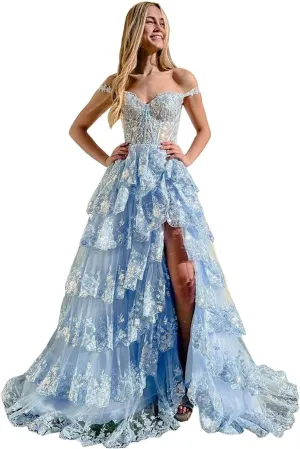 Ruffles Prom Dresses with Slit Long Cold Shoulder Tired Formal Evening Dress for Women Princess Ball Gown TR102