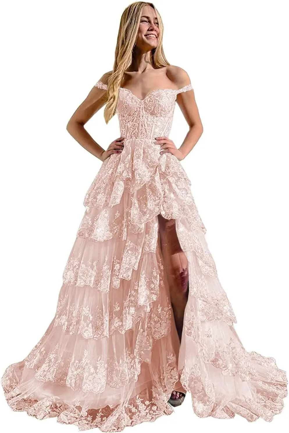 Ruffles Prom Dresses with Slit Long Cold Shoulder Tired Formal Evening Dress for Women Princess Ball Gown TR102