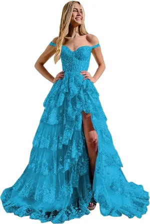 Ruffles Prom Dresses with Slit Long Cold Shoulder Tired Formal Evening Dress for Women Princess Ball Gown TR102