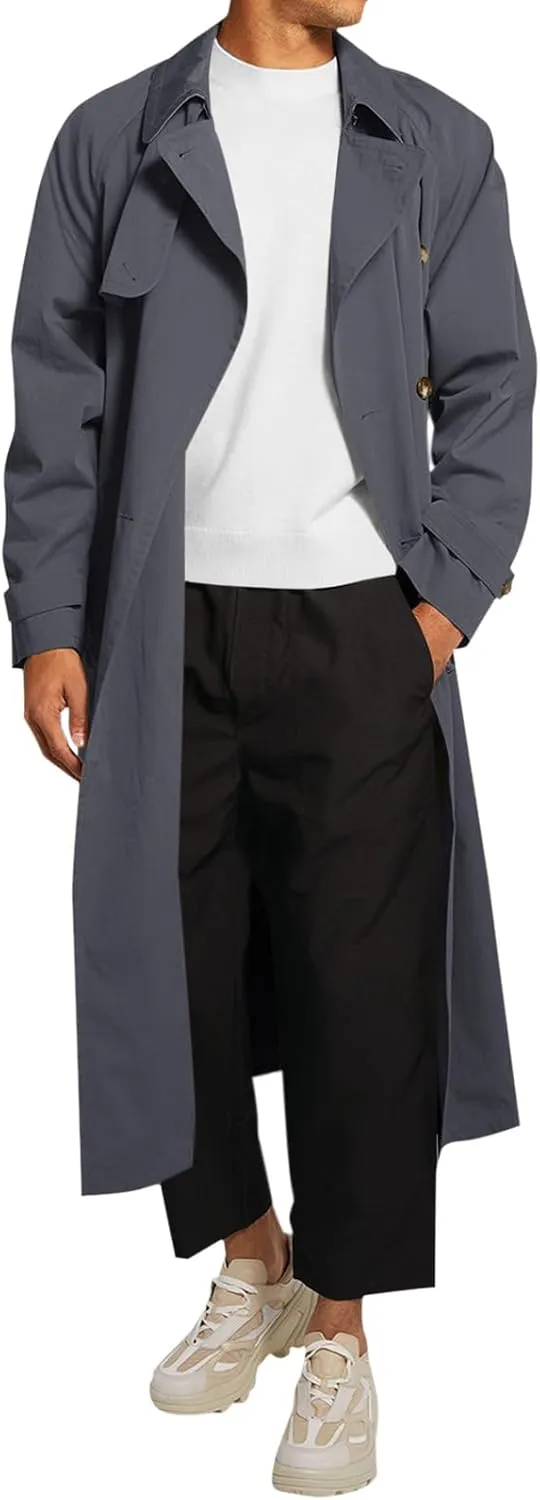 Runcati Mens Trench Coat Double Breasted Belted Windbreaker Jackets Lapel Lightweight Long Jacket Casual Overcoat