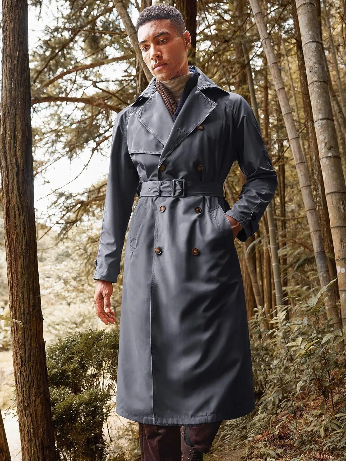 Runcati Mens Trench Coat Double Breasted Belted Windbreaker Jackets Lapel Lightweight Long Jacket Casual Overcoat