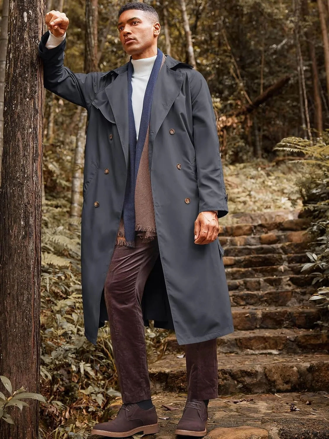 Runcati Mens Trench Coat Double Breasted Belted Windbreaker Jackets Lapel Lightweight Long Jacket Casual Overcoat