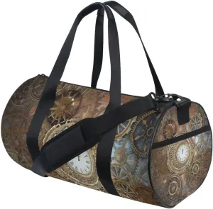 Rusty Steampunk with Retro Brown Clock and Different Kinds of Gears Portable Gym Bag, Travel Bag, Luggage bag, Sports Bag, Toiletry Bag with Handles, Detachable Shoulder Strap 17.6 x 9 x 9 inch
