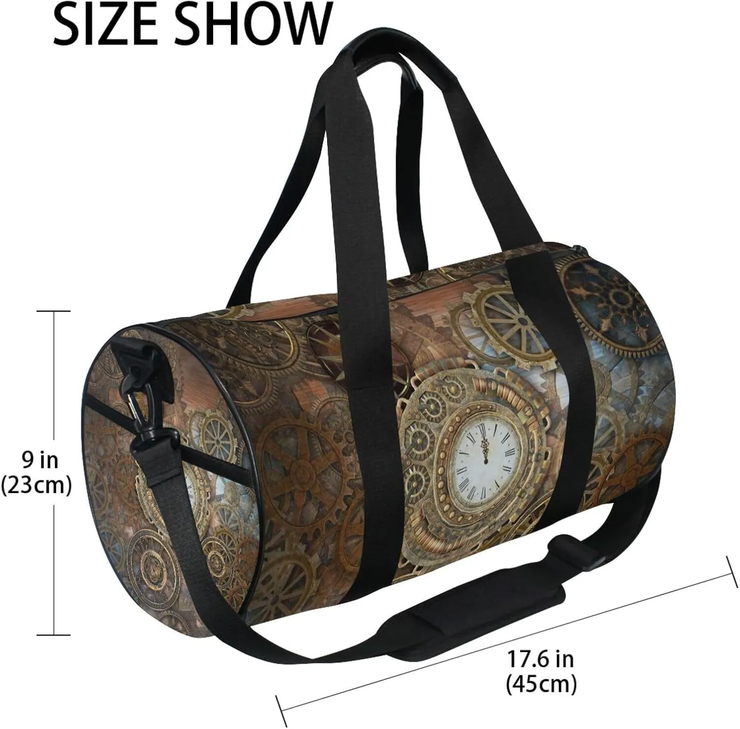 Rusty Steampunk with Retro Brown Clock and Different Kinds of Gears Portable Gym Bag, Travel Bag, Luggage bag, Sports Bag, Toiletry Bag with Handles, Detachable Shoulder Strap 17.6 x 9 x 9 inch