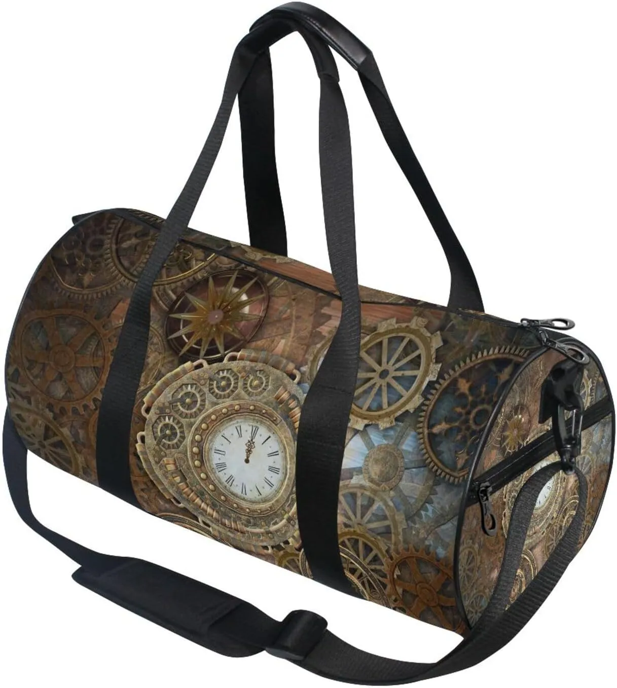 Rusty Steampunk with Retro Brown Clock and Different Kinds of Gears Portable Gym Bag, Travel Bag, Luggage bag, Sports Bag, Toiletry Bag with Handles, Detachable Shoulder Strap 17.6 x 9 x 9 inch