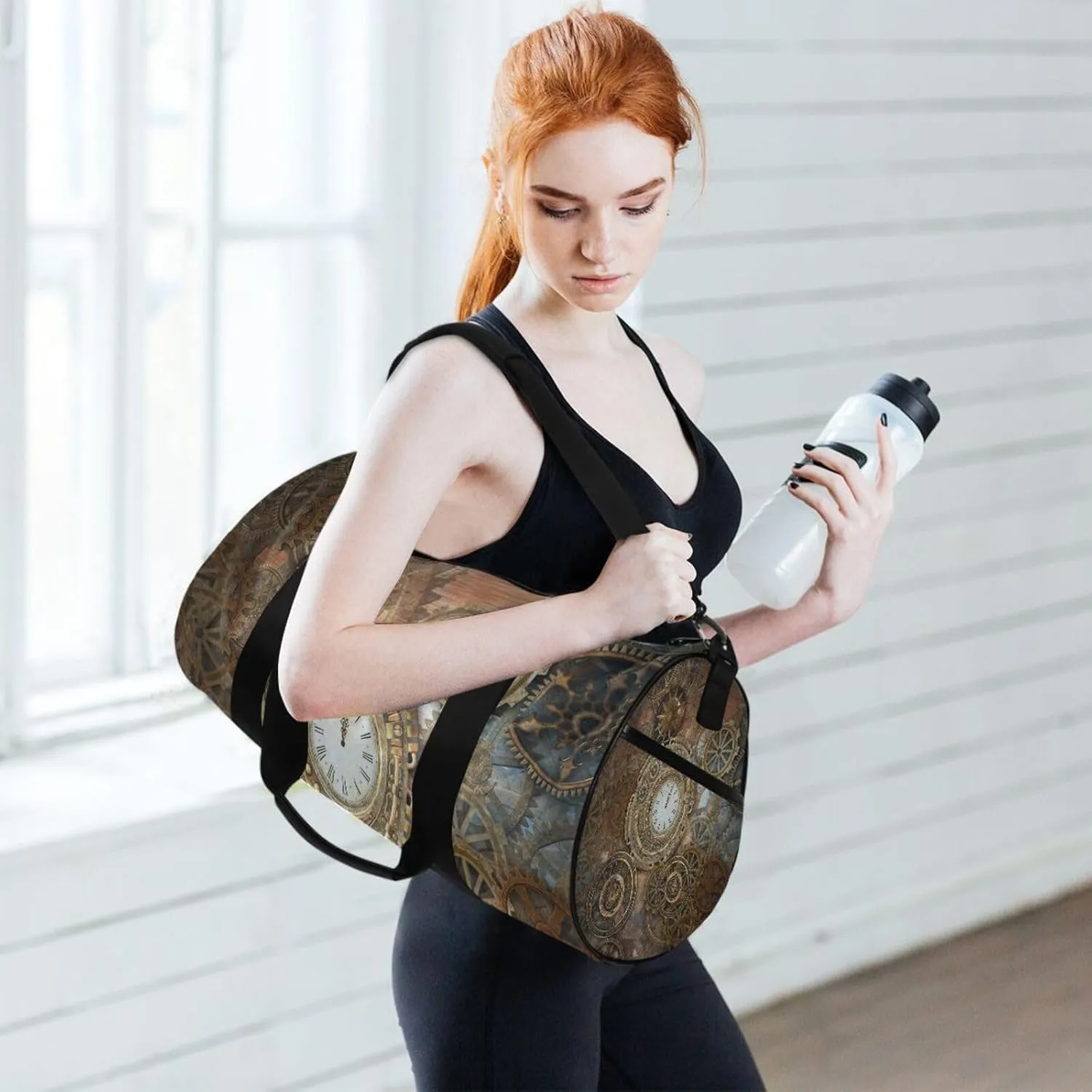 Rusty Steampunk with Retro Brown Clock and Different Kinds of Gears Portable Gym Bag, Travel Bag, Luggage bag, Sports Bag, Toiletry Bag with Handles, Detachable Shoulder Strap 17.6 x 9 x 9 inch