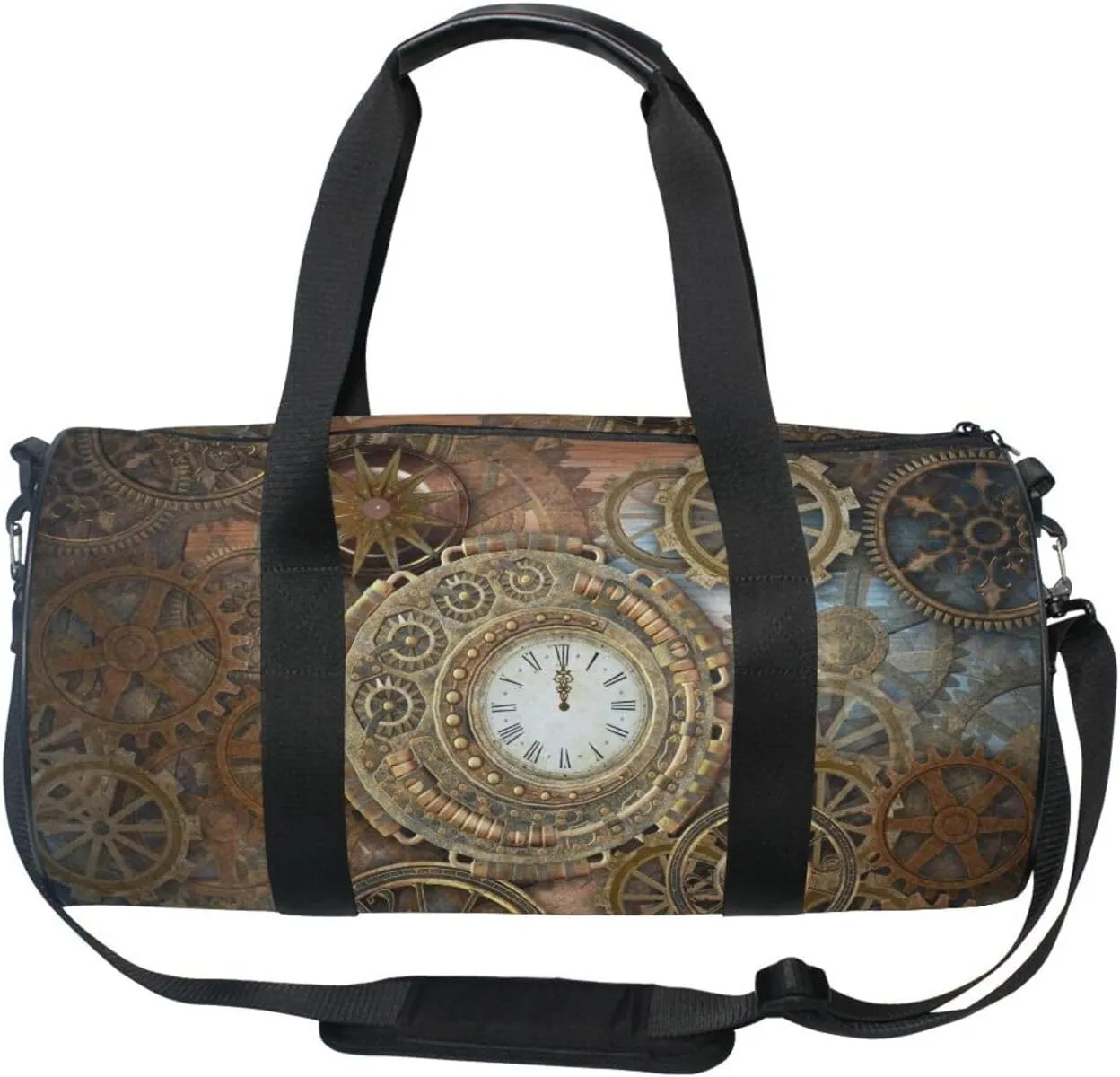 Rusty Steampunk with Retro Brown Clock and Different Kinds of Gears Portable Gym Bag, Travel Bag, Luggage bag, Sports Bag, Toiletry Bag with Handles, Detachable Shoulder Strap 17.6 x 9 x 9 inch