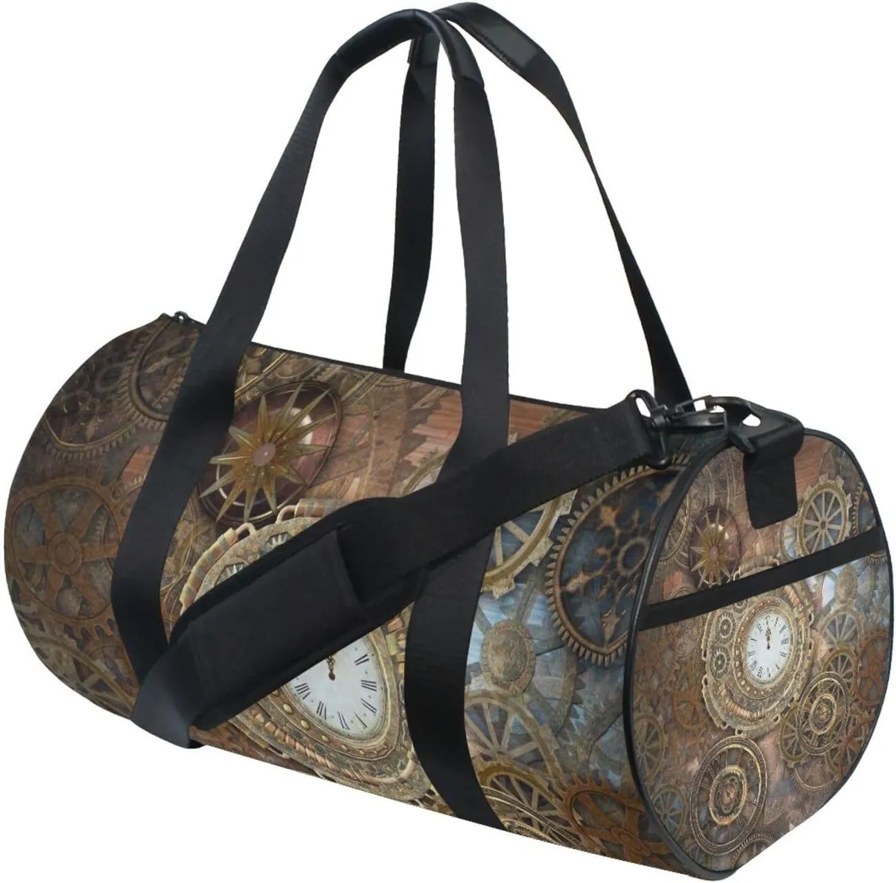 Rusty Steampunk with Retro Brown Clock and Different Kinds of Gears Portable Gym Bag, Travel Bag, Luggage bag, Sports Bag, Toiletry Bag with Handles, Detachable Shoulder Strap 17.6 x 9 x 9 inch