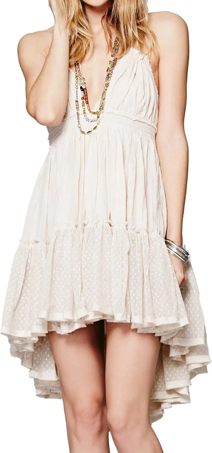R.Vivimos Womens Summer Halter Deep V Neck Sexy Patchwork Mini Short Dresses