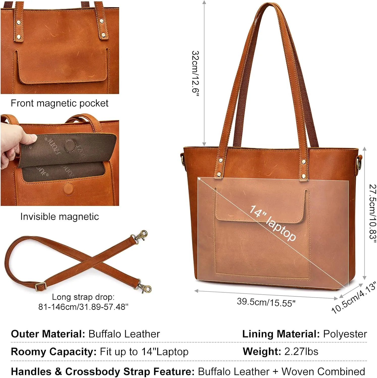 S-ZONE Women Genuine Leather Tote Bag Shoulder Handbag Vintage Crossbody Purse