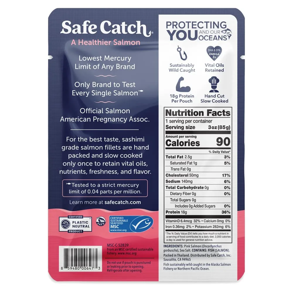 Safe Catch Wild Pacific Pink Salmon Skinless Boneless Wild-Caught Salmon Fish Pouch, Mercury Tested, Kosher, 12-Pack Salmon Pouches 3oz Packets