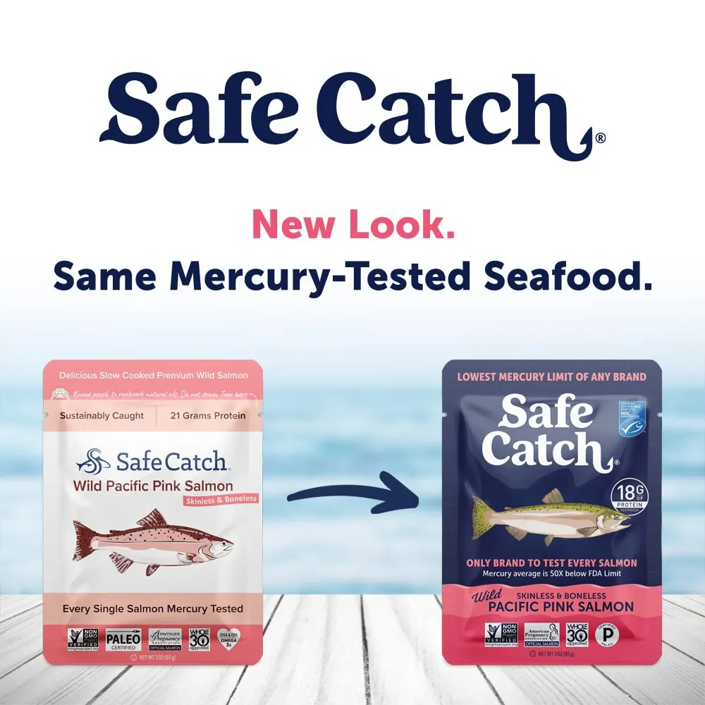 Safe Catch Wild Pacific Pink Salmon Skinless Boneless Wild-Caught Salmon Fish Pouch, Mercury Tested, Kosher, 12-Pack Salmon Pouches 3oz Packets