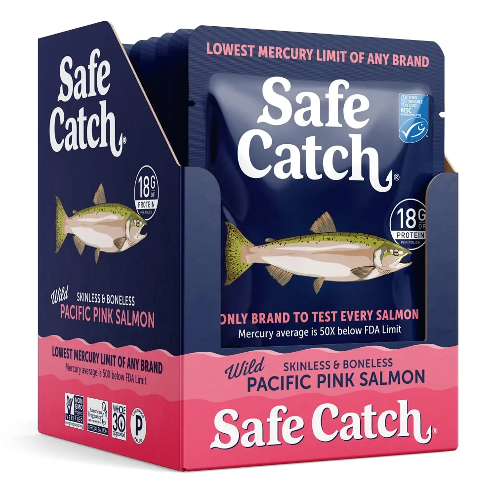 Safe Catch Wild Pacific Pink Salmon Skinless Boneless Wild-Caught Salmon Fish Pouch, Mercury Tested, Kosher, 12-Pack Salmon Pouches 3oz Packets