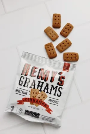 Safe   Fair Remy's Cinnamon Grahams 24ct - Wholesome Healthy Snacks - Bite-Sized Whole Grain Treats - Single-Serve Pouches for School Lunches - Peanut/Tree Nut-Free - EBT Eligible Food Items