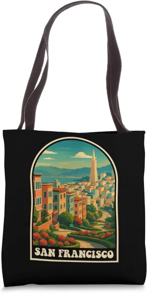 San Francisco Vintage Travel Skyline Lombard Street Tote Bag