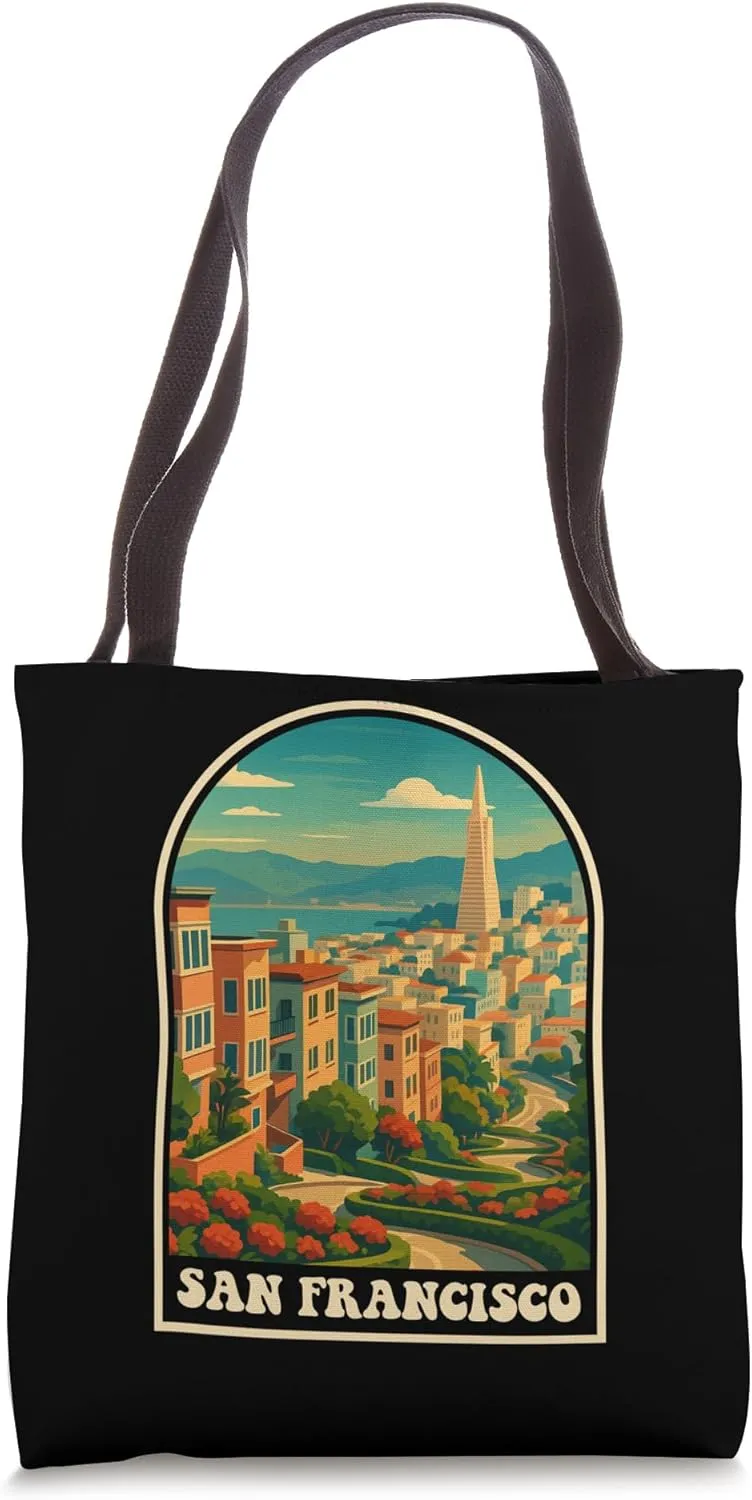 San Francisco Vintage Travel Skyline Lombard Street Tote Bag