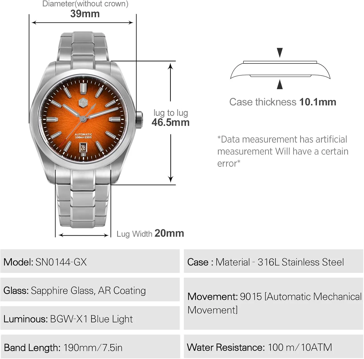 San Martin Men Watch SN0144-GX, 9015 Automatic Mechanical Movement Sapphire Glass 10 Bar Diving Watch for Men