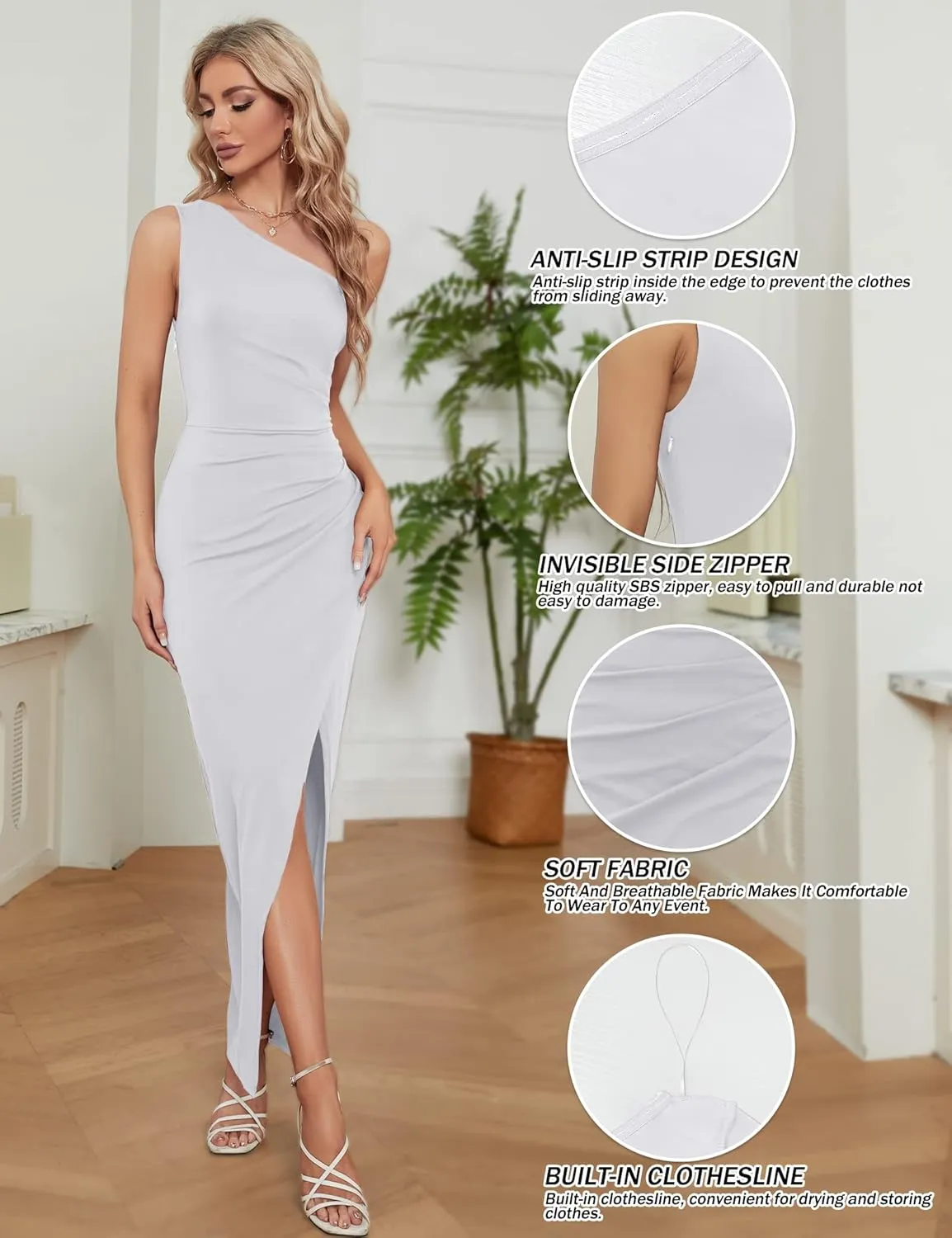 Sarin Mathews Womens One Shoulder Long Formal Dress Sexy Summer Sleeveless Bodycon Ruched Wrap Split Cocktail Dresses