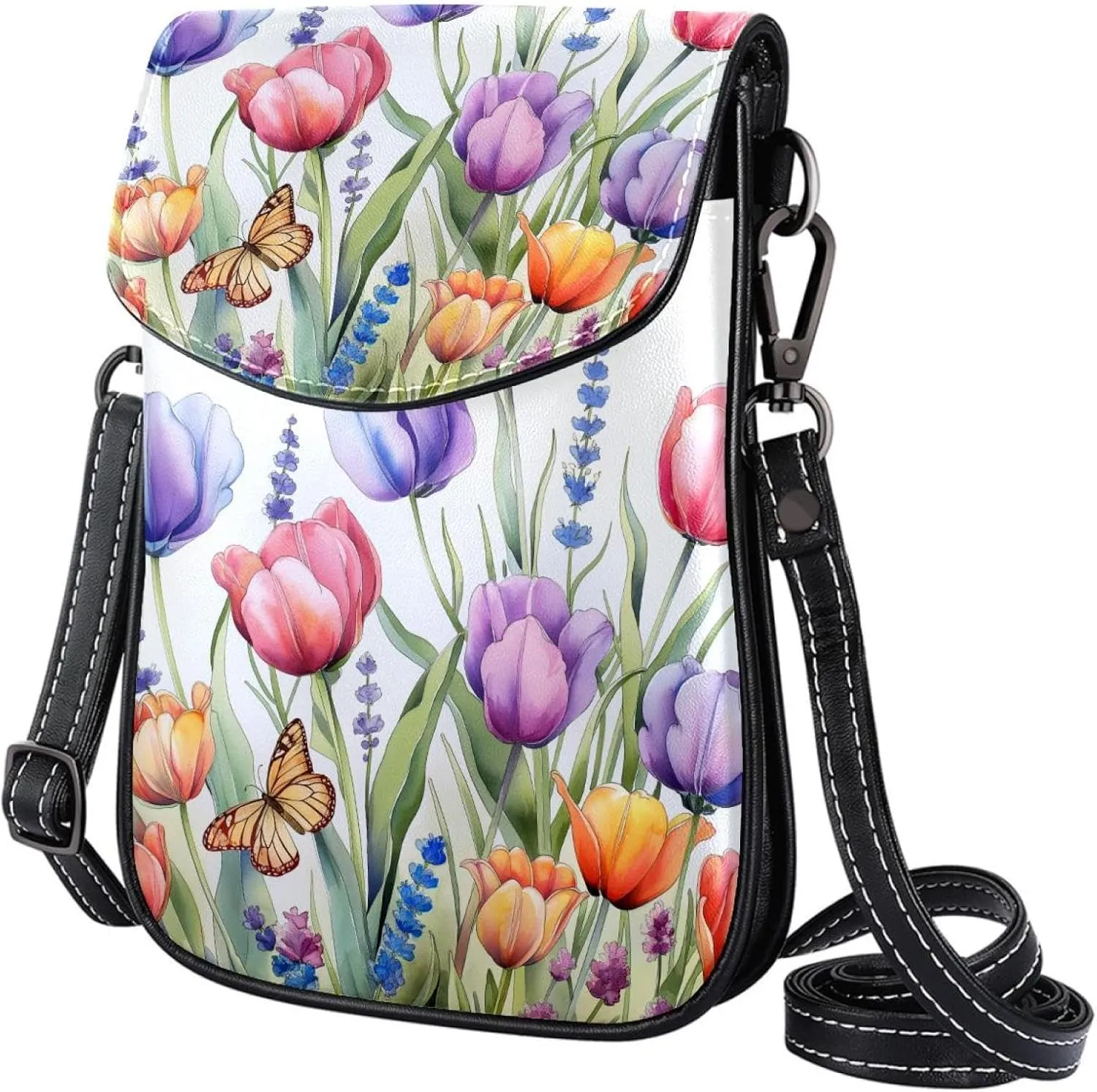 Satchel Bag Colorful Tulips And Lavender Flowers Butterflies Purse Crossbody Leather Messenger Bag For Women