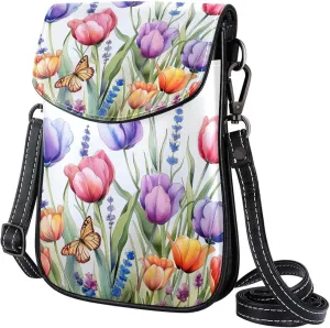 Satchel Bag Colorful Tulips And Lavender Flowers Butterflies Purse Crossbody Leather Messenger Bag For Women