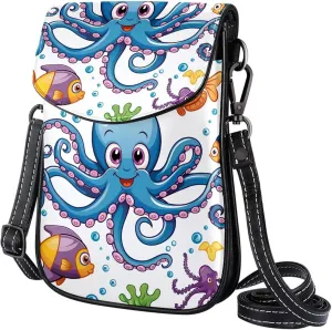 Satchel Bag Cute Sea Octopus Fish Print Purse Crossbody Leather Messenger Bag For Women