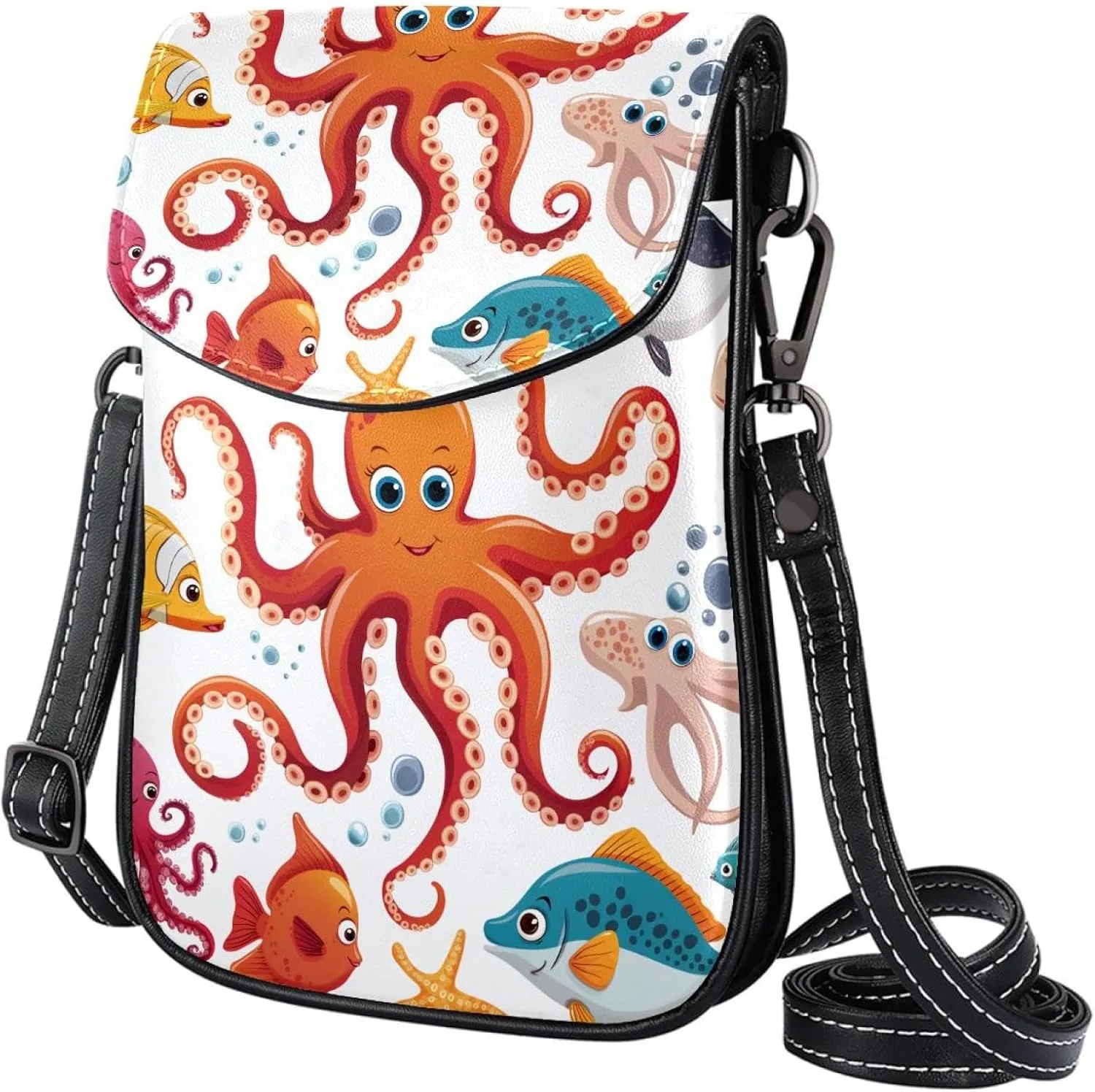 Satchel Bag Cute Sea Octopus Fish Print Purse Crossbody Leather Messenger Bag For Women