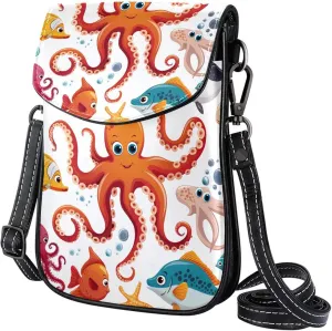 Satchel Bag Cute Sea Octopus Fish Print Purse Crossbody Leather Messenger Bag For Women