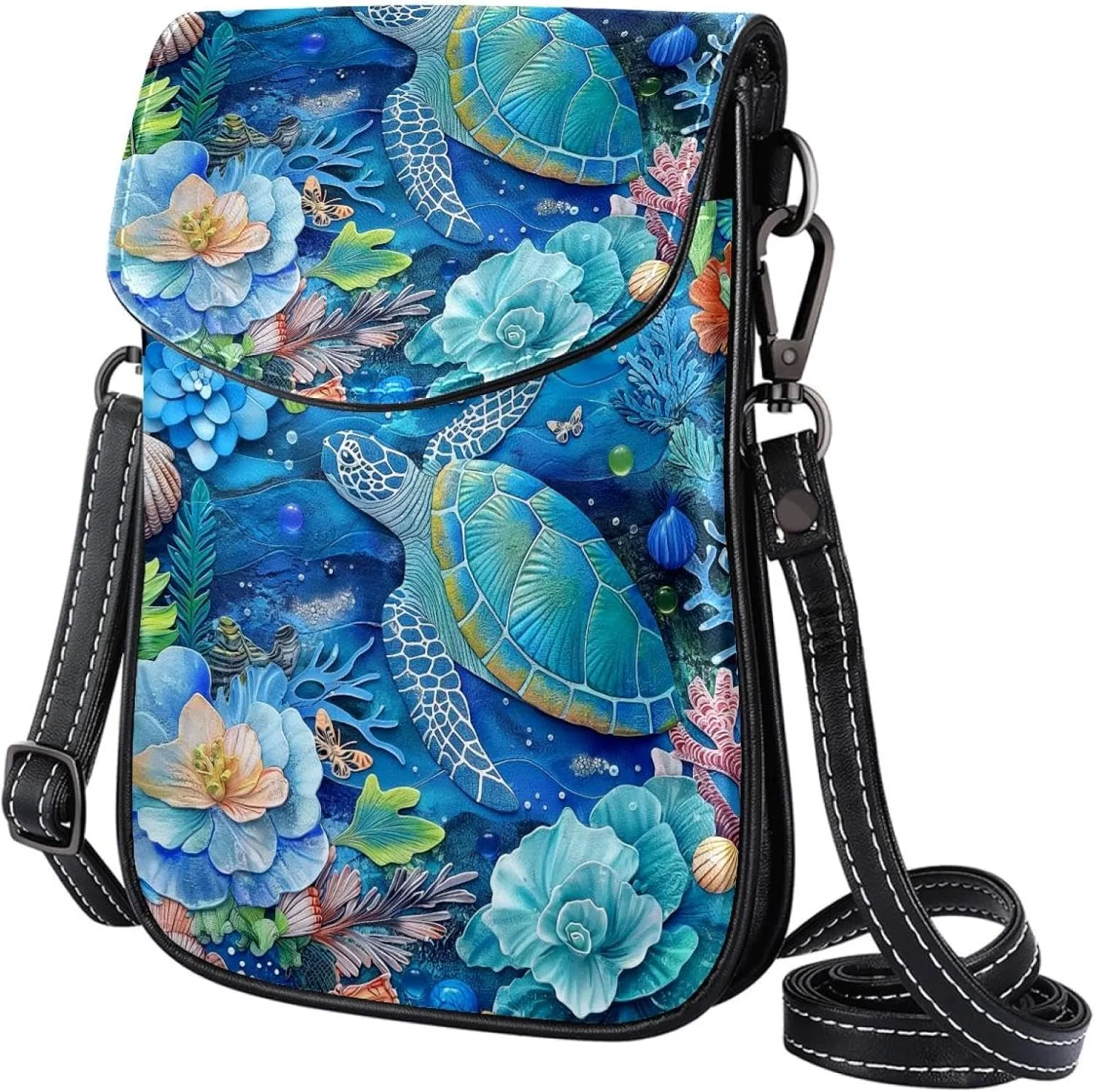 Satchel Bag Ocean Sea Turtles Floral Underwater Purse Crossbody Leather Messenger Bag For Women