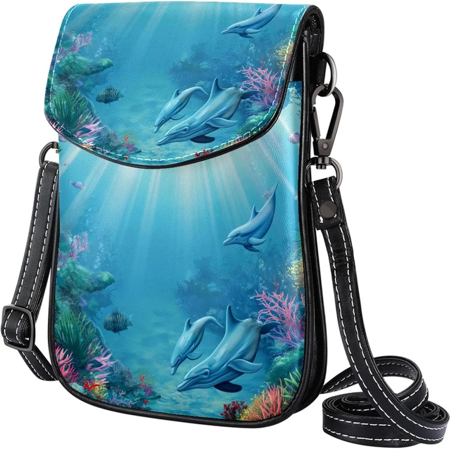 Satchel Bag Underwater Dolphins Fish Scene Purse Crossbody Leather Messenger Bag For Women