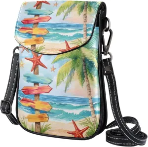 Satchel Bag Watercolor Beach Scene With Palm Trees Starfish Purse Crossbody Leather Messenger Bag For Women