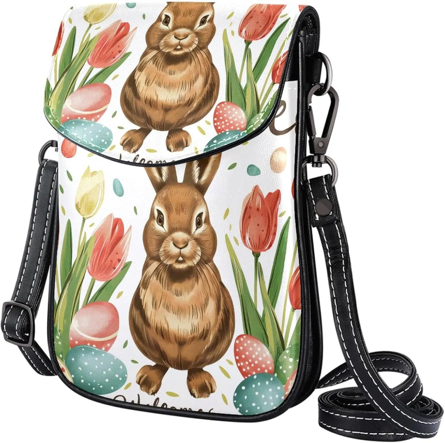 Satchel Bag Watercolor Bunny Tulips Flowers Purse Crossbody Leather Messenger Bag For Women