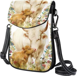 Satchel Bag Watercolor Cow And Calf Purse Crossbody Leather Messenger Bag For Women