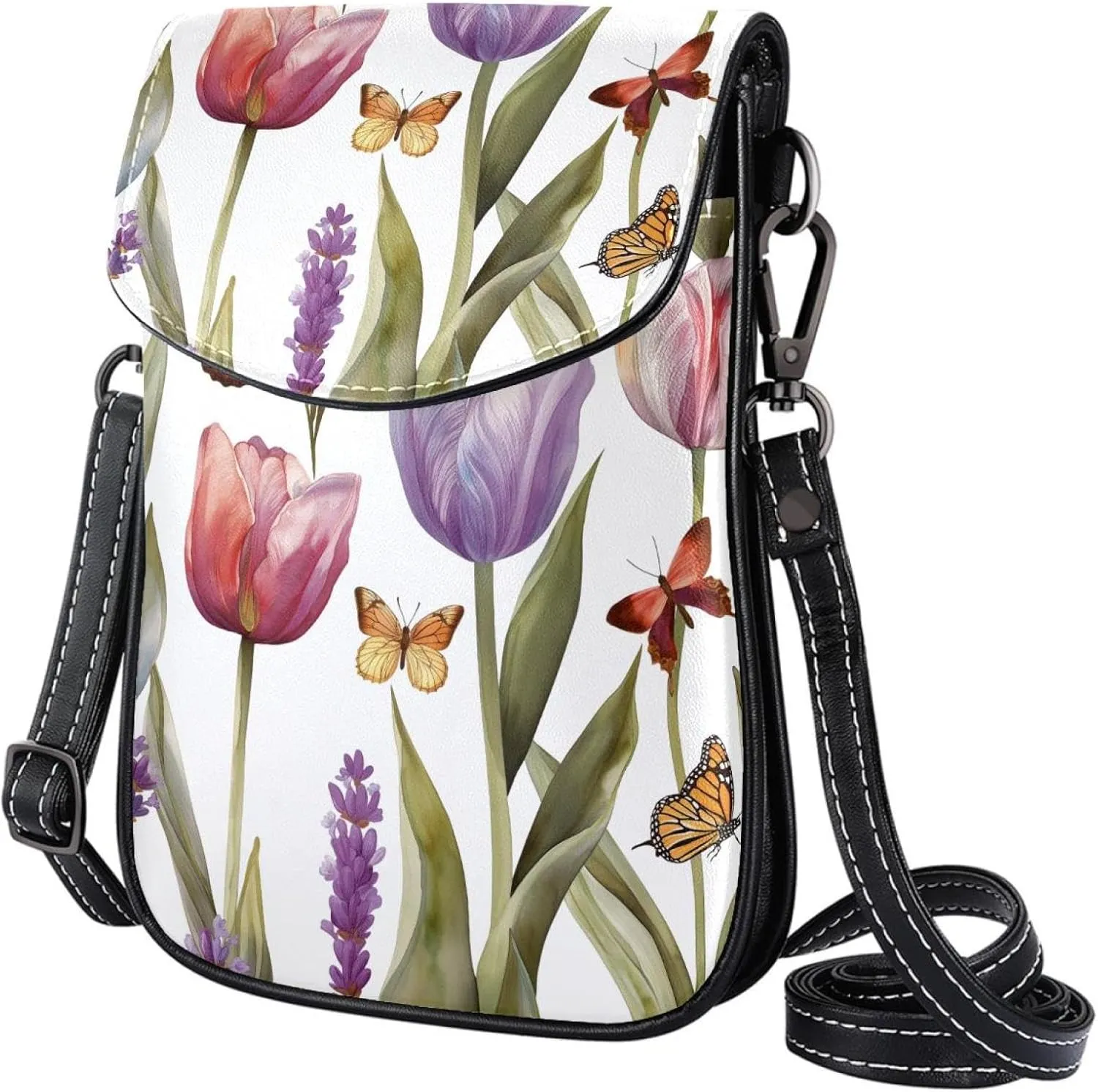 Satchel Bag Watercolor Tulips And Lavender Flowers Purse Crossbody Leather Messenger Bag For Women